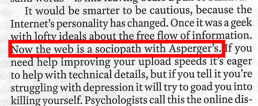 screenshot of print edition of Time magazine highlighting the sentence, "the web is a sociopath with Asperger's"